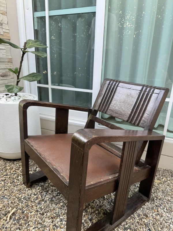 Vintage Solid Teak Armchair with Genuine Leather Seat - Image 9